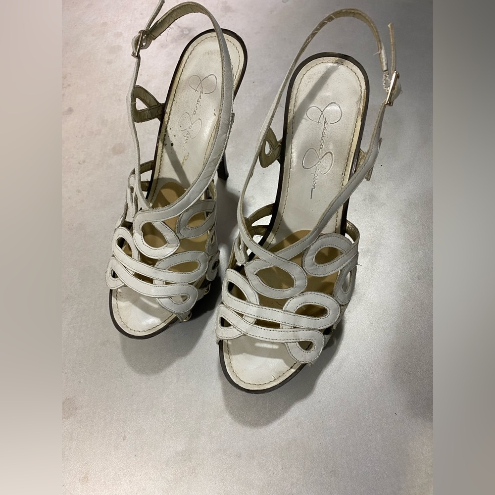 Jessica Simpson White Open Toe Leather High Heels Ankle Strap Heels Size 8.5